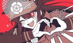 Rule 34 | 1girl, cape, family crest, fate/grand order, fate (series), hat, heart, heart hands, hoshino ai (oshi no ko), long hair, medallion, military hat, oda nobunaga (fate), oda uri, one eye closed, open mouth, oshi no ko, peaked cap, red background, red cape, red eyes, sempon (doppio note), sidelocks, simple background, solo, star-shaped pupils, star (symbol), symbol-shaped pupils
