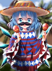 Rule 34 | 1girl, alternate costume, blue eyes, blue hair, blurry, blurry background, blush, brown hat, cirno, commentary request, cowboy shot, fake facial hair, fake mustache, hair between eyes, hat, highres, holding maraca, ice, ice wings, instrument, looking at viewer, maracas, medium bangs, mexican clothes, multicolored clothes, open mouth, poncho, ruu (tksymkw), short hair, smile, solo, sombrero, touhou, wings