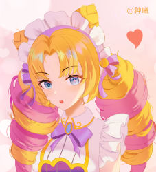 Rule 34 | 1girl, blonde hair, bow, bowtie, cafe cuties (league of legends), cafe cuties gwen, cone hair bun, drill hair, green eyes, gwen (league of legends), hair bun, heart, highres, league of legends, long hair, long sleeves, looking at viewer, maid headdress, multicolored hair, open mouth, parted bangs, pink bow, pink bowtie, pink hair, portrait, shenxi cecy, simple background, solo, teeth, twin drills, twintails, two-tone hair, upper teeth only