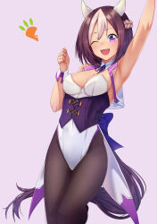 Rule 34 | 1girl, alternate costume, animal ears, arm up, armpits, bare shoulders, blue bow, bow, breasts, brown hair, brown pantyhose, cleavage, clenched hand, coattails, corset, covered navel, cropped jacket, detached collar, ear covers, highres, horse ears, horse girl, horse tail, leotard, multicolored hair, nontraditional miko, one eye closed, open mouth, pantyhose, pink background, purple eyes, short hair, simple background, sleeveless, sleeveless jacket, small breasts, smile, solo, special week (umamusume), standing, tail, tks (526tks), two-tone hair, umamusume, white leotard, wrist cuffs