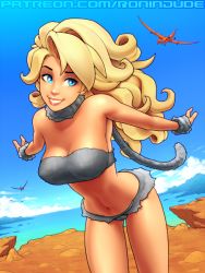 Rule 34 | 1girl, aqua eyes, artist name, ayla (chrono trigger), bandeau, bare shoulders, beach, blonde hair, blue background, blue sky, breasts, cameltoe, caveman, chrono trigger, cleavage, cliff, cloud, commentary, day, english commentary, horizon, lips, long hair, looking away, medium breasts, midriff, navel, nose, ocean, outdoors, paid reward available, paid reward available, ronindude, sky, smile, solo, stomach, water, watermark, web address