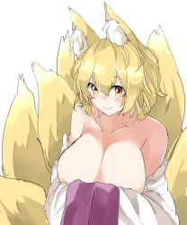 Rule 34 | 1girl, animal ear fluff, animal ears, artist request, bare shoulders, blonde hair, blush, bob cut, breasts, cleavage, collarbone, dress, fox ears, fox tail, hands in opposite sleeves, hands together, highres, houkai (collapse illust), large breasts, long sleeves, looking at viewer, multiple tails, off shoulder, short hair, smile, tail, touhou, undressing, yakumo ran, yellow eyes