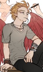 Rule 34 | 1boy, 2others, arm on thigh, blonde hair, boku no hero academia, bracelet, chain necklace, comb, earrings, facial hair, facial mark, feathered wings, feathers, goatee, hawks (boku no hero academia), jewelry, kadeart, leg up, makeup brush, male focus, mouth hold, multiple bracelets, multiple necklaces, multiple others, multiple rings, necklace, one eye closed, red feathers, red wings, ring, short hair, short sleeves, sitting, solo focus, stubble, stud earrings, toned, toned male, v-neck, watch, wings, wristband, wristwatch, yellow eyes