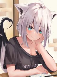 Rule 34 | 1girl, ahoge, animal ear fluff, animal ears, bad id, bad pixiv id, black shirt, blush, braid, collarbone, commentary request, earrings, expressive tail, fox ears, fox girl, fox tail, green eyes, hair between eyes, head rest, highres, hololive, indoors, jewelry, looking at viewer, pentagram, shirakami fubuki, shirt, sidelocks, single braid, sitting, smile, solo, tail, uechin ewokaku, virtual youtuber, white hair