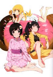 3girls ahoge araragi_karen araragi_tsukihi barefoot black_hair blonde_hair blush blush_stickers bracelet breasts closed_mouth doughnut dress egg_hair_ornament eyelashes feet feet_up floral_print food food-themed_hair_ornament full_body grey_eyes hair_ornament highres holding jacket japanese_clothes jewelry kimono knee_up leaning_back legs long_hair looking_at_viewer lying monogatari_(series) multiple_girls non-web_source official_art on_ground on_stomach oshino_shinobu parted_lips pink_kimono purple_sash sash scan scan_artifacts shadow short_hair shorts siblings side_ponytail sisters sitting small_breasts smile soles the_pose toenails toes track_jacket watanabe_akio white_background white_dress yellow_eyes yellow_jacket yellow_shorts yokozuwari yukata