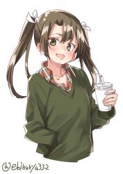 Rule 34 | 1girl, alternate costume, collared shirt, cropped torso, drink, drinking straw, ebifurya, green eyes, green sweater, grey hair, hand in pocket, highres, kantai collection, layered clothes, long hair, looking at viewer, one-hour drawing challenge, open mouth, parted bangs, plaid, plaid shirt, shirt, simple background, smile, solo, sweater, twintails, twitter username, v-neck, white background, zuikaku (kancolle)