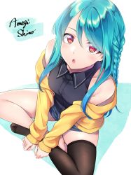Rule 34 | 1girl, :o, absurdres, amagi shino, artist name, bare shoulders, barefoot, black shirt, black thighhighs, blue hair, blush, braid, breasts, collared shirt, commentary request, denim, denim shorts, fingernails, from above, highres, indian style, jacket, long hair, long sleeves, looking at viewer, looking up, medium breasts, off shoulder, open clothes, open jacket, open mouth, original, red eyes, shirt, short shorts, shorts, side braid, sidelocks, single thighhigh, sitting, skindentation, solo, swept bangs, thighhighs, two-tone background, very long hair, yellow jacket