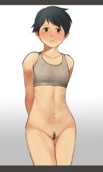 Rule 34 | 1girl, arms behind back, black hair, blush, bottomless, breasts, collarbone, cowboy shot, female pubic hair, gradient background, green eyes, kantai collection, letterboxed, mogami (kancolle), navel, pubic hair, pussy, short hair, small breasts, solo, sports bra, sweat, tooku nomura (artist)