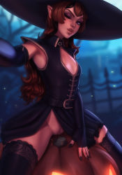 Rule 34 | 1girl, black dress, black gloves, black thighhighs, blurry, blurry background, brown hair, center opening, clitoris, dress, elbow gloves, eyeshadow, female focus, fingerless gloves, fleur (personal ami), freckles, gloves, hat, highres, jack-o&#039;-lantern, lips, long hair, makeup, mole, mole under mouth, multicolored hair, no panties, one eye closed, original, personal ami, pointy ears, purple eyes, pussy, selfie, side slit, sitting, solo, thighhighs, two-tone hair, uncensored, witch hat