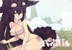 Rule 34 | 1girl, animal ears, black hair, black hat, blush, breasts, cleavage, cloud, cloudy sky, ears through headwear, floral background, flower witch, hat, logo, long hair, looking at viewer, lowres, misinkojou, monster girl, open mouth, sky, solo, swimsuit, tail, witch, witch hat