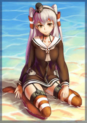 Rule 34 | 10s, 1girl, absurdres, amatsukaze (kancolle), beach, black hat, black neckwear, black panties, blush, breasts, brown eyes, buttons, choker, closed mouth, collarbone, day, dress, full body, garter straps, grey hair, hair tubes, hat, high heels, highres, kantai collection, long hair, long sleeves, looking at viewer, mato kuroi, mini hat, no panties, outdoors, panties, pantyshot, partially submerged, pocket, red thighhighs, rensouhou-kun, sailor collar, sailor dress, short dress, sitting, solo, striped clothes, striped thighhighs, thighhighs, two side up, underwear, wariza, water