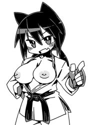 Rule 34 | 1girl, animal ears, belt, breasts, breasts out, cannsk, cat ears, commentary request, cowboy shot, dougi, fingerless gloves, gloves, grin, hand on own hip, inverted nipples, karate gi, large breasts, low twintails, mma gloves, nipples, original, pointing, smile, solo, twintails