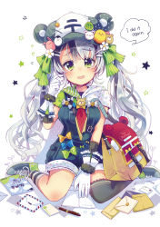 Rule 34 | 1girl, absurdres, airmail envelope, asymmetrical legwear, bag, bear hat, between legs, black hair, blush, bow, clumsy, commentary request, elbow gloves, english text, envelope, eyebrows, fang, flower, gloves, grey eyes, grey hair, hair flower, hair ornament, hair ribbon, hairpin, hand between legs, hat ornament, highres, hood, hood down, japanese postal mark, kneeling, long hair, looking at viewer, mail, mailman, manila envelope, mismatched legwear, multicolored hair, necktie, niikura kaori, open mouth, original, over-kneehighs, overalls, revision, ribbon, shoes, short sleeves, shorts, shoulder bag, socks, solo, star (symbol), striped clothes, striped socks, striped thighhighs, sweatdrop, tearing up, thighhighs, twintails, two-tone hair, wristband