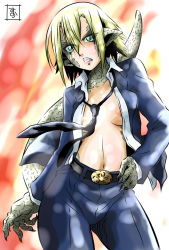 Rule 34 | 10s, 1girl, areola slip, belt buckle, blonde hair, breasts, buckle, claws, cowboy shot, formal, frown, green eyes, hand on own hip, liz (monster musume), lizard tail, monster girl, monster musume no iru nichijou, navel, necktie, open clothes, open shirt, pointy ears, reptile girl, s-now, scales, shirt, signature, solo, suit, tail