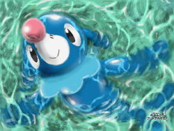 Rule 34 | black eyes, closed mouth, creatures (company), from above, full body, game freak, gen 7 pokemon, happy, japanese text, looking up, lying, nintendo, no humans, on back, partially submerged, pokemon, pokemon (creature), popplio, shiny skin, smile, solo, sunaxet, swimming, translation request, water, watermark