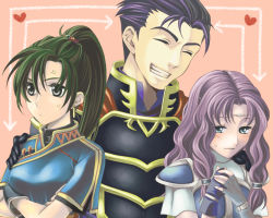 Rule 34 | 1boy, 2girls, anger vein, aqua eyes, armor, arrow (symbol), blue hair, blush, breastplate, breasts, cape, circlet, crossed arms, doroimo, dress, earrings, embarrassed, closed eyes, fingerless gloves, fire emblem, fire emblem: the blazing blade, florina (fire emblem), gloves, green eyes, green hair, grin, hair between eyes, hand on another&#039;s shoulder, hands on own chest, heart, hector (fire emblem), jealous, jewelry, light purple hair, long hair, looking down, lyn (fire emblem), multiple girls, nintendo, own hands together, pink background, ponytail, short sleeves, smile, sweatdrop, upper body