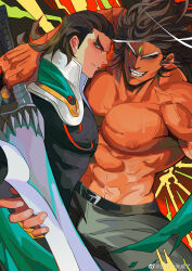 Rule 34 | 2boys, abs, absurdres, arm around shoulder, bara, cape, character request, copyright request, dark-skinned male, dark skin, doufujintianxianle, evil smile, feet out of frame, forehead jewel, green cape, grin, highres, holding, holding sword, holding weapon, large pectorals, long sideburns, male focus, medium hair, multiple boys, muscular, muscular male, nipples, no pupils, pectorals, short hair, sideburns, smile, stomach, sweat, sword, thick eyebrows, topless male, veiny crotch, weapon