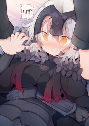 Rule 34 | !?, 1boy, 1girl, :&gt;, ahoge, armor, armored dress, beni shake, black armor, black cape, black gloves, blush, breasts, cape, commentary request, covered erect nipples, dated, fate/grand order, fate (series), flustered, fur trim, gauntlets, gloves, hand on own stomach, headpiece, interlocked fingers, jeanne d&#039;arc (fate), jeanne d&#039;arc alter (avenger) (fate), jeanne d&#039;arc alter (fate), out of frame, pushing down, short hair, signature, solo focus, spoken interrobang, swirl, torn cape, torn clothes, white hair, yellow eyes