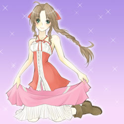 Rule 34 | 1girl, aerith gainsborough, ahoge, bare arms, boots, braid, breasts, brown footwear, brown hair, clothes lift, dress, dress lift, final fantasy, final fantasy vii, full body, green eyes, hair ribbon, halter dress, halterneck, kingdom hearts, kingdom hearts ii, kneeling, long hair, looking at viewer, medium breasts, multicolored clothes, multicolored dress, parted bangs, pink dress, poyon, purple background, red dress, red ribbon, ribbon, sidelocks, smile, solo, square enix, wavy hair, white dress