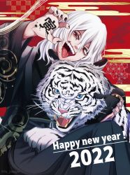 Rule 34 | 1boy, 2022, animal, asa no ha (pattern), black nails, body writing, boku no hero academia, chinese zodiac, claw pose, egasumi, fangs, foreground text, fu jimipo, gloves, hair between eyes, half gloves, happy new year, highres, holding, holding animal, japanese clothes, kimono, long hair, looking at viewer, male focus, mole, mole under mouth, multicolored background, nail polish, nengajou, new year, open mouth, red eyes, sakuramon, scar, scar across eye, scar on face, scar on mouth, seigaiha, shigaraki tomura, single glove, sitting, solo focus, spiral, swirl, teeth, text focus, tiger, tongue, tongue out, upper teeth only, white hair, white tiger, writing on hand, year of the tiger