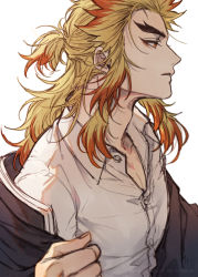 Rule 34 | 1boy, adam&#039;s apple, blonde hair, forked eyebrows, from side, half updo, jacket, kimetsu no yaiba, long hair, long sleeves, male focus, mikoyuki, multicolored hair, parted lips, partially unbuttoned, pectoral cleavage, pectorals, red hair, removing jacket, rengoku kyoujurou, solo, toned, toned male, two-tone hair, upper body