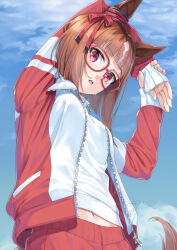Rule 34 | 1girl, animal ears, arm behind head, arm up, blue sky, bow, breasts, brown hair, cloud, commentary request, day, glasses, gym shirt, horse ears, horse girl, horse tail, jacket, long sleeves, looking at viewer, miri (ago550421), multicolored hair, navel, open mouth, outdoors, pants, red-framed eyewear, red bow, red eyes, red jacket, red pants, shirt, short hair, sky, sleeves past wrists, small breasts, solo, stretching, sweat, tail, track jacket, track pants, track suit, transcend (umamusume), two-tone hair, umamusume, white hair, white shirt