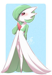 Rule 34 | 1girl, arm behind back, artist name, averting eyes, blue background, blush, bob cut, border, closed mouth, colored skin, creatures (company), female focus, flat chest, full body, game freak, gardevoir, gen 3 pokemon, green hair, green skin, hair over one eye, hand on own chest, hand up, happy, legs together, looking to the side, multicolored skin, negoya, nintendo, one eye covered, outline, outside border, pokemon, pokemon (creature), red eyes, short hair, signature, simple background, smile, solo, standing, two-tone skin, white border, white outline, white skin