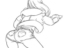 Rule 34 | 10s, 1girl, ass, bad id, bb (baalbuddy), from behind, greyscale, hood, hoodie, inactive account, leaning forward, lineart, long hair, monochrome, open clothes, open hoodie, sacred seven, short shorts, shorts, solo, sp (sacred seven)