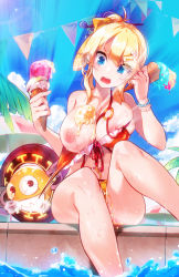 Rule 34 | 1girl, alicecrazy, assisted exposure, beach umbrella, bead necklace, beads, bikini, bikini pull, blonde hair, blue eyes, blue sky, blush, bow, breasts, character request, cleavage, clenched teeth, clothes pull, cloud, clumsy, collarbone, day, double scoop, dripping, dropping, elsword, eyebrows, eyelashes, female gunner (dungeon and fighter), flag, food, food on body, frilled bikini, frills, front-tie top, hair between eyes, hair bow, hair bun, hair ornament, hair stick, hairclip, head tilt, highres, holding, holding food, ice cream, ice cream cone, ice cream cone spill, jewelry, large breasts, lens flare, long hair, looking at viewer, melting, navel piercing, necklace, nipple slip, nipples, o-ring, o-ring top, one breast out, open mouth, outdoors, palm tree, piercing, pool, pulling another&#039;s clothes, red bikini, rose (elsword), short hair, sidelocks, single hair bun, sitting, skindentation, sky, soaking feet, solo, string, suggestive fluid, summer, sweat, swimsuit, tears, teeth, tree, umbrella, waffle cone, water, wet, yellow bikini