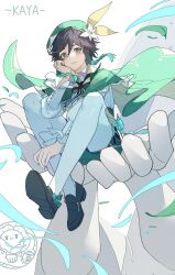 Rule 34 | 1boy, androgynous, aqua hair, artist name, beret, black hair, blush, braid, cape, cheek rest, collared cape, commentary request, flower, frilled sleeves, frills, full body, genshin impact, gradient hair, green cape, green eyes, green hat, green shorts, hat, hat flower, highres, kotatsu kaya, leaf, long sleeves, looking at viewer, male focus, multicolored hair, pantyhose, short hair with long locks, shorts, side braids, signature, sitting, solo, statue, twin braids, venti (genshin impact), white flower, wind