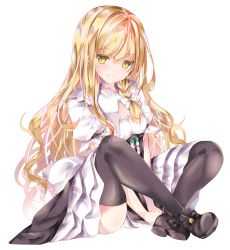 Rule 34 | 1girl, bad id, bad pixiv id, between legs, black footwear, black skirt, black thighhighs, blonde hair, blush, boots, breasts, commentary request, crossed ankles, frilled skirt, frills, full body, hair between eyes, hand between legs, highres, kirisame marisa, knees up, long hair, nanase nao, parted lips, puffy short sleeves, puffy sleeves, shirt, short sleeves, skirt, small breasts, solo, thighhighs, thighhighs under boots, touhou, very long hair, white background, white shirt, yellow eyes