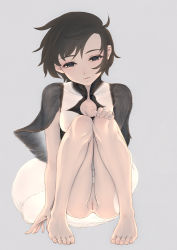 Rule 34 | 1girl, ass, barefoot, black hair, breasts, brown eyes, cleft of venus, dress, feet, grey background, ico, musen-shiki sanhankikan, nipples, no panties, pussy, see-through, see-through dress, short hair, simple background, small breasts, solo, squatting, uncensored, yorda
