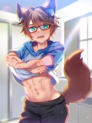 Rule 34 | 1boy, animal ears, artist request, black pants, blue hoodie, brown hair, brown tail, character request, clothes lift, fangs, fox ears, fox tail, foxz (vtuber), glasses, green eyes, highres, hood, hoodie, indie virtual youtuber, lifted by self, male focus, midriff, navel, open mouth, pants, shirt lift, short hair, short sleeves, solo, stomach, tail, undressing, virtual youtuber