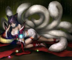 Rule 34 | 1girl, ahri (league of legends), animal ears, arm support, bare shoulders, blue eyes, breasts, cleavage, facial mark, fox, fox ears, fox tail, korean clothes, large breasts, league of legends, long hair, lying, multiple tails, on side, orb, purple hair, solo, tail, whisker markings, youshun (naturaljuice)