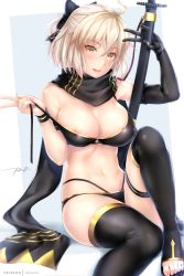 Rule 34 | 1girl, ahoge, areola slip, bare shoulders, bikini, black bikini, black bow, black gloves, black scarf, blonde hair, blush, boots, bow, breasts, cleavage, elbow gloves, fate/grand order, fate (series), gloves, hair between eyes, hair bow, half updo, highleg, highleg bikini, holding, holding sword, holding weapon, katana, knee up, knees up, large breasts, looking at viewer, multi-strapped bikini, navel, okita j. souji (fate), okita j. souji (first ascension) (fate), okita souji (fate), okita souji (koha-ace), open mouth, patreon username, rei kun, scarf, shadow, sheath, sheathed, short hair, signature, single glove, sitting, smile, solo, stomach, swimsuit, sword, thigh boots, thigh strap, thighhighs, toeless footwear, untied bikini, weapon, wristband, yellow eyes