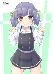 Rule 34 | artist logo, belt, black dress, blue hair, buttons, collared shirt, cowboy shot, dress, green background, green ribbon, highres, kantai collection, long sleeves, looking at viewer, ooshio (kancolle), pepatiku, pinafore dress, pleated dress, ribbon, shirt, short twintails, sleeveless, sleeveless dress, smile, solo, suspenders, twintails, white background, white shirt