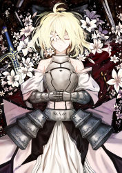 Rule 34 | 1girl, ahoge, armor, armored dress, artoria pendragon (all), artoria pendragon (fate), bare shoulders, blonde hair, cloudy.r, dress, closed eyes, fate/stay night, fate/unlimited codes, fate (series), flower, gauntlets, highres, lily (flower), lying, on back, own hands clasped, own hands together, saber (fate), saber lily, solo, sword, weapon
