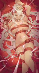 Rule 34 | 1girl, armpits, braid, closed eyes, closed mouth, commission, copyright request, flower, hair flower, hair ornament, highres, long hair, lying, naked ribbon, navel, nev (nevblindarts), on back, pixiv commission, red ribbon, ribbon, suggestive fluid, white hair