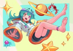 Rule 34 | 1girl, absurdres, animal, anklet, aqua hair, barefoot, bell sleeves, bike shorts, black shorts, blush, choker, commentary, crab, drawstring, english commentary, feet, floating, hair bobbles, hair intakes, hair ornament, heterochromia, highres, holster, hood, hoodie, indie virtual youtuber, jewelry, knees up, leg up, long hair, miyune bun, mmeizterr, multicolored clothes, multicolored hoodie, one side up, open mouth, orange eyes, orange hood, orange trim, outstretched arms, planet, planetary ring, purple eyes, shorts, sparkle, star (symbol), thigh holster, thigh strap, two-sided fabric, ufo, virtual youtuber, water gun, white hood, white hoodie, wide sleeves, x hair ornament