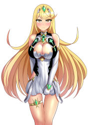 Rule 34 | 1girl, bare legs, blonde hair, blush, breasts, cleavage, covering privates, covering crotch, embarrassed, highres, large breasts, long hair, mythra (xenoblade), solo, the only shoe, xenoblade chronicles (series), xenoblade chronicles 2