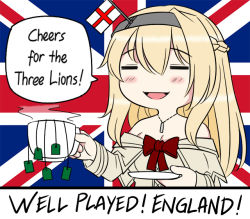 Rule 34 | 1girl, 2018 fifa world cup, = =, blonde hair, braid, closed eyes, commentary, dress, england, english commentary, english flag, english text, flag background, flower, french braid, guin guin, jewelry, kantai collection, long hair, long sleeves, necklace, off-shoulder dress, off shoulder, red flower, red ribbon, red rose, ribbon, rose, soccer, solo, tea, teabag, union jack, united kingdom, warspite (kancolle), world cup