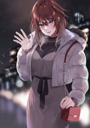 Rule 34 | 1girl, absurdres, aketa mikoto, bag, blurry, blush, breasts, brown eyes, brown hair, depth of field, dress, handbag, highres, hourai ninjin, idolmaster, idolmaster shiny colors, jacket, jewelry, large breasts, long sleeves, looking at viewer, nail polish, necklace, outdoors, parted lips, smile, solo, waving, white jacket