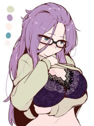 Rule 34 | 1girl, arm under breasts, bangs pinned back, black-framed eyewear, blue eyes, blush, bra, breasts, cleavage, closed mouth, glasses, green sweater, kagamihara sakura, lace, lace-trimmed bra, lace trim, large breasts, long hair, long sleeves, purple bra, purple hair, shiawase hougan, simple background, solo, sweater, underwear, upper body, very long hair, white background, yurucamp