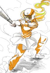 Rule 34 | 10s, 1girl, baseball bat, blonde hair, chito04, commentary request, dust, hair over one eye, helmet, highres, jacket, long hair, multicolored hair, nikaidou saki, open mouth, pants, pants under skirt, ponytail, solo, streaked hair, track suit, white background, zombie land saga