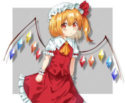 Rule 34 | 1girl, arms at sides, blonde hair, blush, commentary, cowboy shot, drop shadow, flandre scarlet, frilled skirt, frills, grey background, hair between eyes, hat, hat ribbon, highres, kiui (dagk8254), looking at viewer, mob cap, puffy short sleeves, puffy sleeves, red eyes, red skirt, red vest, ribbon, shirt, short hair, short sleeves, side ponytail, simple background, skirt, skirt set, smile, solo, standing, touhou, vest, white hat, white shirt, wings, wrist cuffs