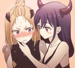 Rule 34 | 2girls, alternate costume, alternate hair length, alternate hairstyle, armor, armored dress, bangs pinned back, blonde hair, blue hair, blush, blush stickers, breasts, brown eyes, collarbone, demon girl, demon horns, embarrassed, flip flappers, hair ornament, hand on another&#039;s cheek, hand on another&#039;s face, hand on another&#039;s shoulder, hands up, horns, kokomine cocona, long hair, lowres, medium breasts, multicolored hair, multiple girls, nightgown, niina ryou, nose blush, open mouth, purple eyes, short hair, simple background, sweat, yayaka, yuri