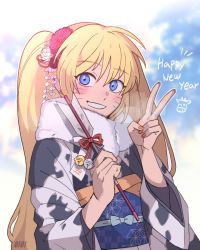 Rule 34 | 10birthday10, 1girl, artist name, bell, blonde hair, blue eyes, bow, commentary request, facial mark, flower, fur-trimmed kimono, fur trim, genderswap, genderswap (mtf), hair between eyes, hair flower, hair ornament, happy new year, highres, japanese clothes, kimono, korean commentary, long hair, looking at viewer, naruko (naruto), naruto (series), naruto shippuuden, new year, parted lips, smile, solo, teeth, twintails, upper body, uzumaki naruto, v, watermark, whisker markings