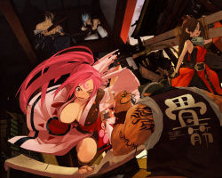 Rule 34 | 2girls, 3boys, amputee, anchor, mito anji, arc system works, baiken, breasts, chipp zanuff, cleavage, guilty gear, guilty gear xx, huge breasts, japanese clothes, johnny (guilty gear), katana, kimono, large breasts, may (guilty gear), multiple boys, multiple girls, ninja, pink eyes, pink hair, ponytail, samurai, scar, sword, tattoo, unaji, weapon, wince