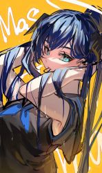 Rule 34 | 1girl, arknights, bare arms, black shirt, blue eyes, blue hair, commentary request, hair tie in mouth, halo, hands in hair, highres, horns, long hair, looking at viewer, mostima (arknights), mouth hold, shirt, solo, upper body, yellow background, yo-ba yo