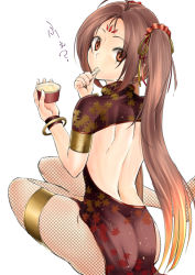 Rule 34 | 1girl, ahoge, ass, backless outfit, boots, unworn boots, brown eyes, brown hair, china dress, chinese clothes, dress, eating, facial mark, fate/grand order, fate (series), fishnet pantyhose, fishnets, food, forehead mark, from behind, ice cream, nezha (fate), pantyhose, twintails
